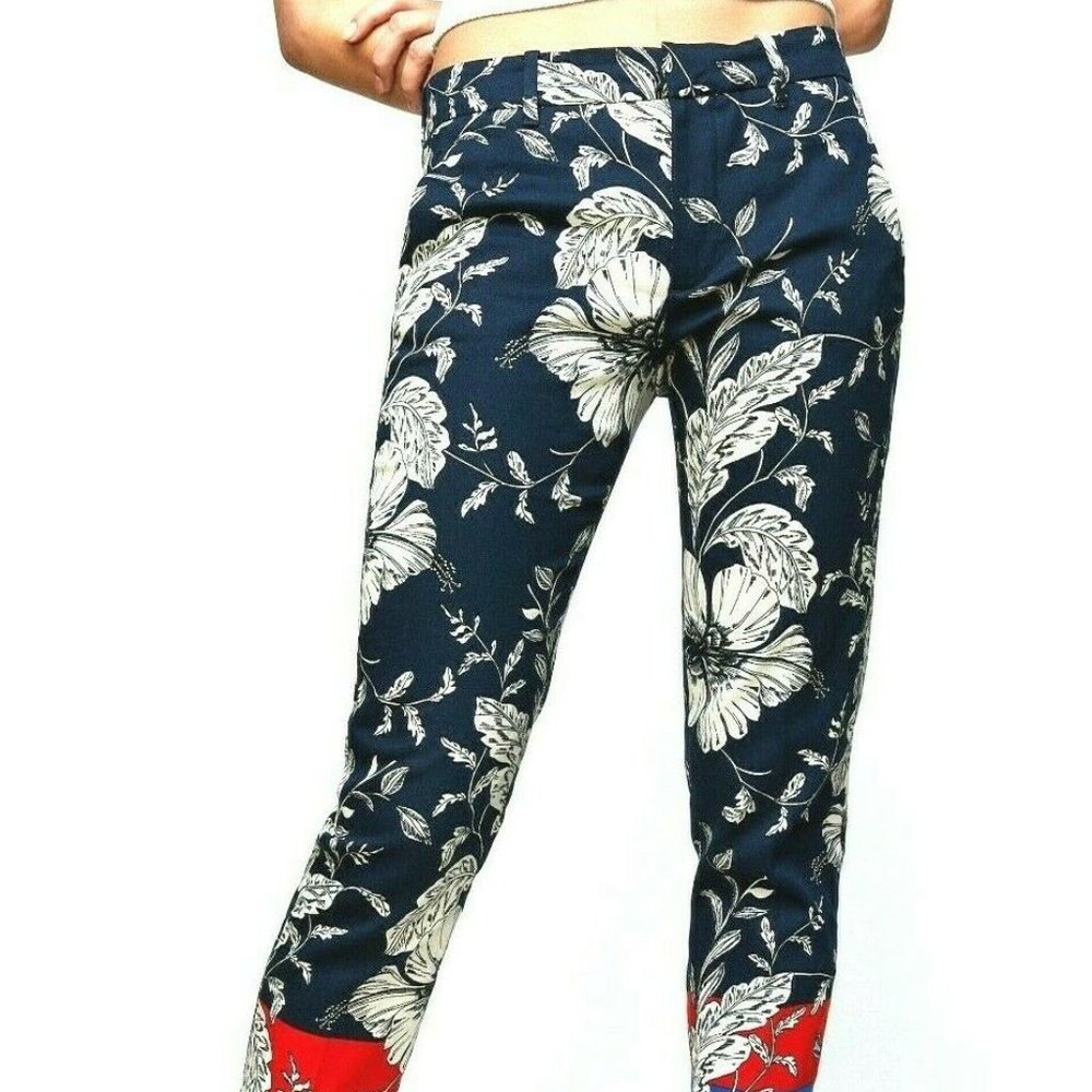ZARA Floral Print Trouser Casual Blue Ankle Chino Pants with Pockets